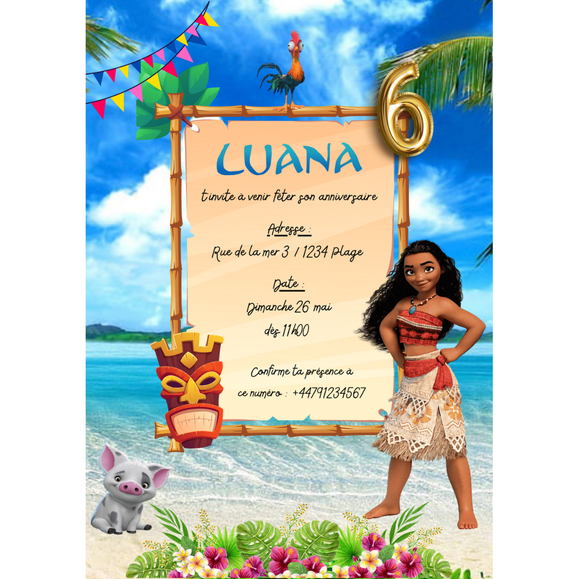 Invitation anniversaire enfant thème Vaiana et Océan. Carte faire-part 100% personnalisable avec motif tropical, fleurs d'hibiscus, personnage de Moana et couleurs de l'île.