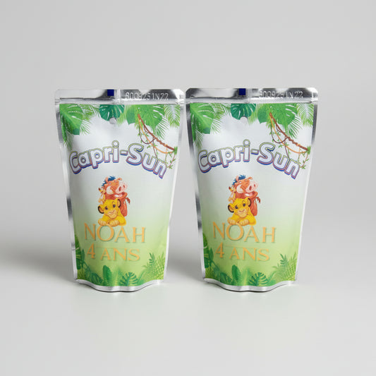 Emballage Capri-Sun personnalisé thème Le Roi Lion (Lion King). Étiquette de boisson pour anniversaire enfant, décor de table Simba ou cadeau d'invité. Motif savane.