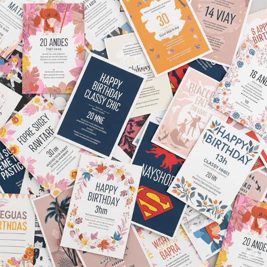 osaïque d'exemples d'invitations et de faire-part 100% personnalisés D'day pour anniversaires et événements. Variété de thèmes : floral, bohème, super-héros, Star Wars. Création de cartes sur mesure.