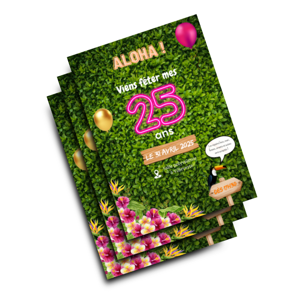 Invitation anniversaire thème Aloha Tropical 100% personnalisable. Design exotique avec fond de feuillage vert, fleurs d'hibiscus, toucan et chiffre 25 en néon rose. Idéal pour une fête d'été ou un anniversaire adulte.