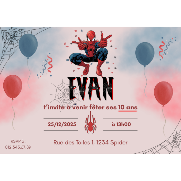 Invitation anniversaire enfant thème Spiderman super-héros. Faire-part 100% personnalisable avec illustration de l'homme-araignée, motifs de toiles, ballons rouges et bleus et confettis. Design moderne pour une fête Marvel.