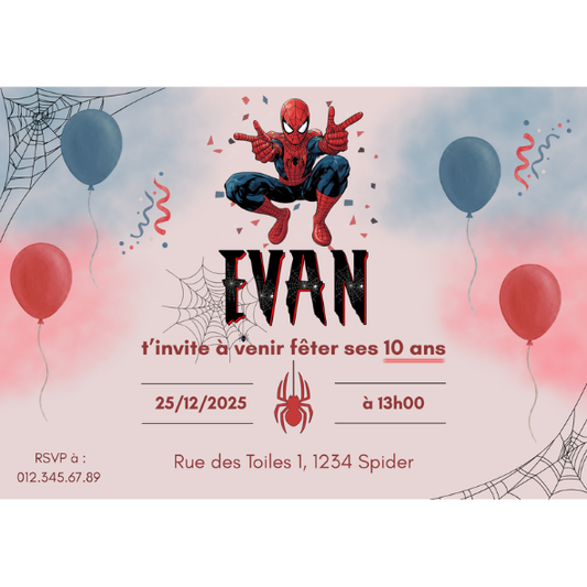 Invitation anniversaire enfant thème Spiderman super-héros. Faire-part 100% personnalisable avec illustration de l'homme-araignée, motifs de toiles, ballons rouges et bleus et confettis. Design moderne pour une fête Marvel.