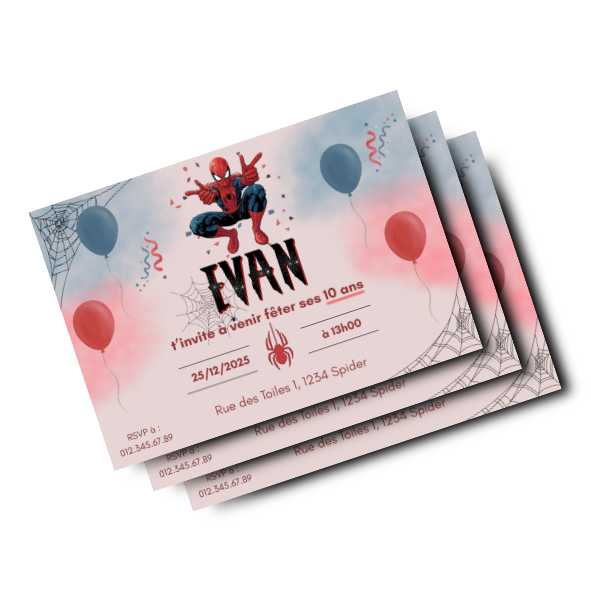 Invitation anniversaire enfant thème Spiderman super-héros. Faire-part 100% personnalisable avec illustration de l'homme-araignée, motifs de toiles, ballons rouges et bleus et confettis. Design moderne pour une fête Marvel.