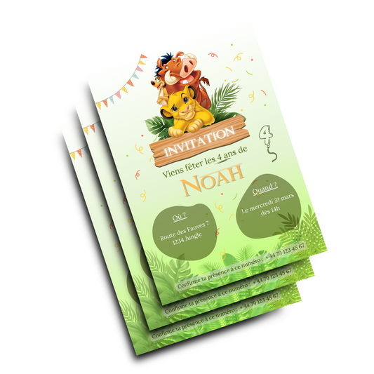 Invitation anniversaire enfant thème Le Roi Lion (Lion King). Faire-part carte 100% personnalisable avec motif savane, jungle, et les personnages Simba, Timon et Pumbaa.
