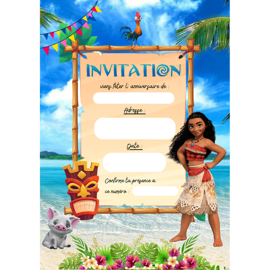 Lot de cartes d'invitation anniversaire enfant thème Vaiana à remplir à la main. Faire-part avec espace pour écrire le nom, la date et le lieu. Motif tropical, Océan et personnage Moana.